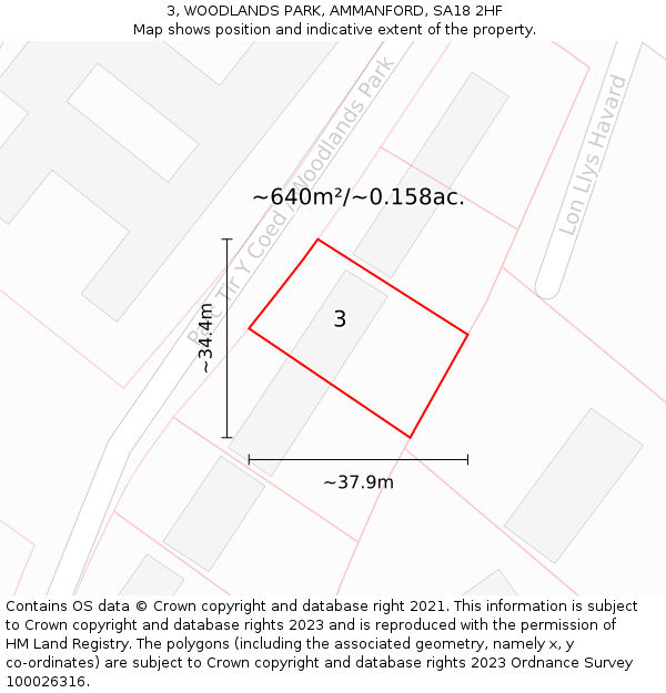 3, WOODLANDS PARK, AMMANFORD, SA18 2HF: Plot and title map