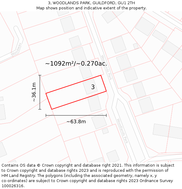 3, WOODLANDS PARK, GUILDFORD, GU1 2TH: Plot and title map