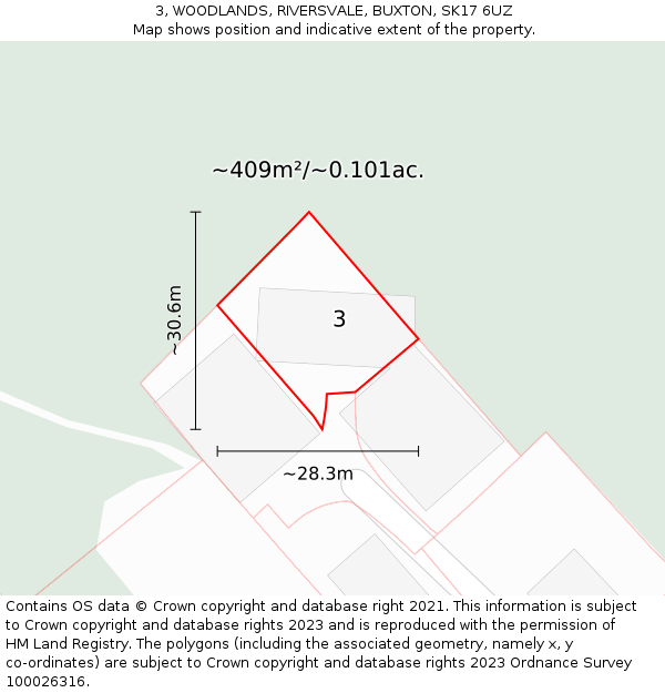 3, WOODLANDS, RIVERSVALE, BUXTON, SK17 6UZ: Plot and title map
