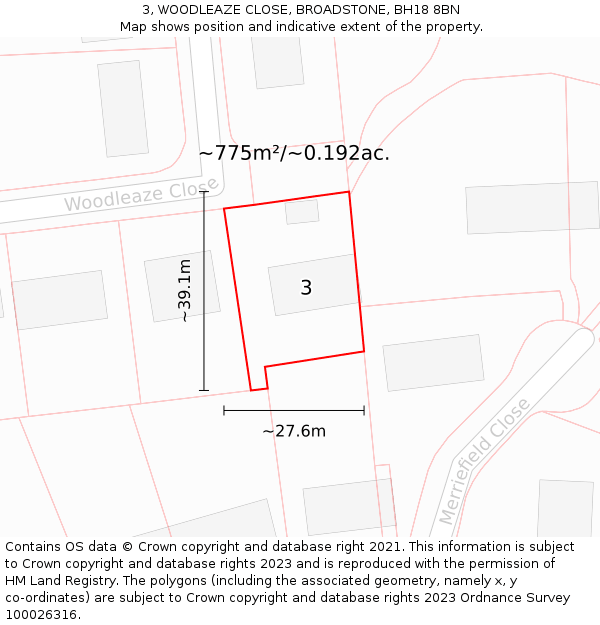 3, WOODLEAZE CLOSE, BROADSTONE, BH18 8BN: Plot and title map