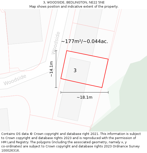 3, WOODSIDE, BEDLINGTON, NE22 5NE: Plot and title map