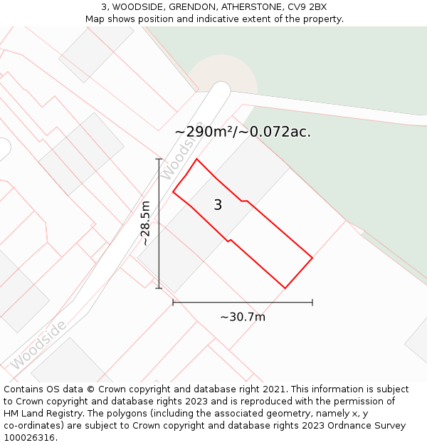 3, WOODSIDE, GRENDON, ATHERSTONE, CV9 2BX: Plot and title map