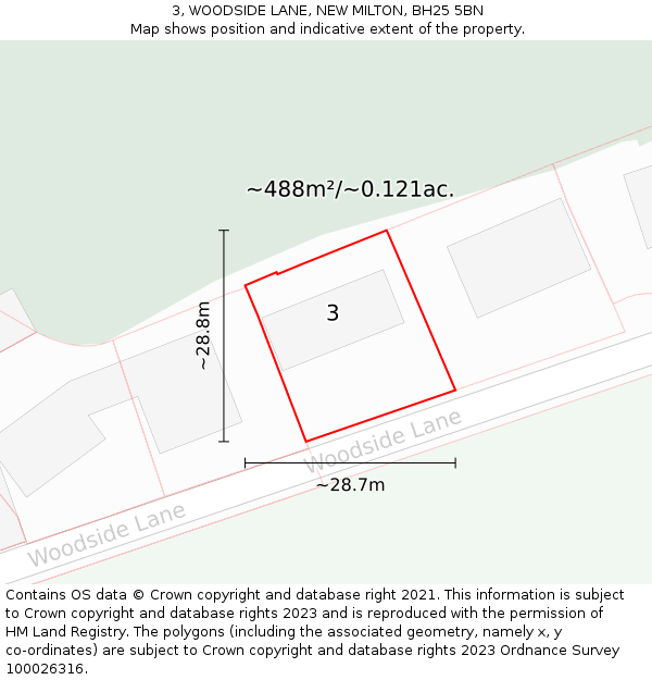 3, WOODSIDE LANE, NEW MILTON, BH25 5BN: Plot and title map
