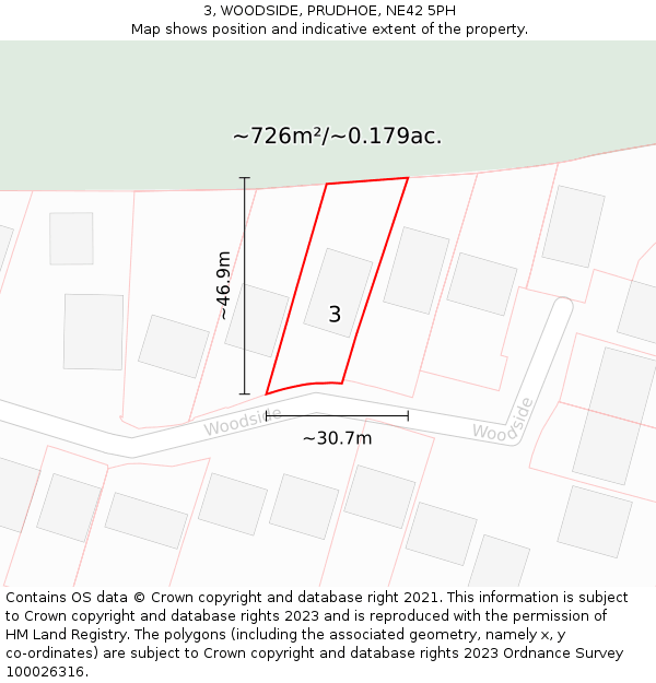 3, WOODSIDE, PRUDHOE, NE42 5PH: Plot and title map