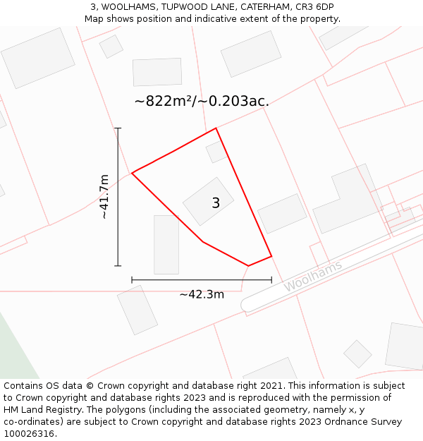 3, WOOLHAMS, TUPWOOD LANE, CATERHAM, CR3 6DP: Plot and title map