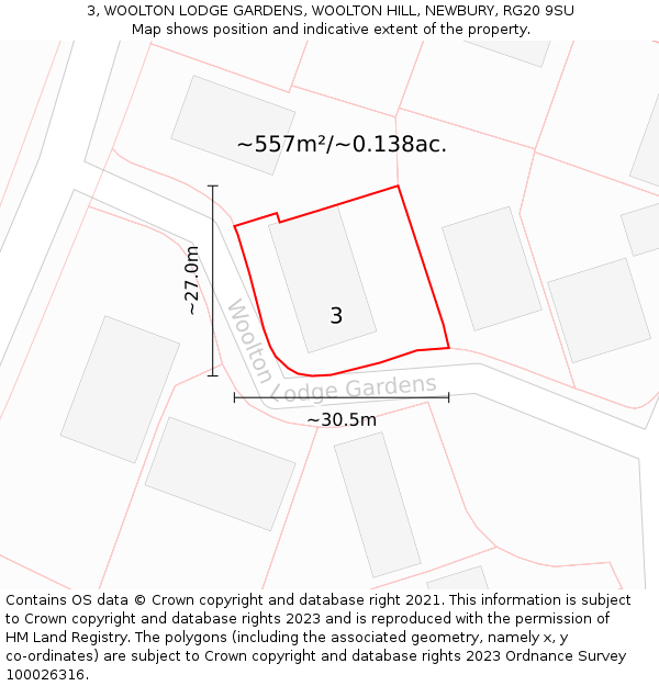 3, WOOLTON LODGE GARDENS, WOOLTON HILL, NEWBURY, RG20 9SU: Plot and title map