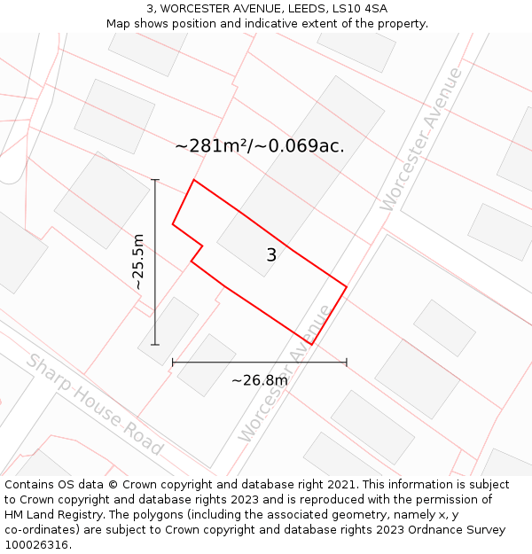 3, WORCESTER AVENUE, LEEDS, LS10 4SA: Plot and title map