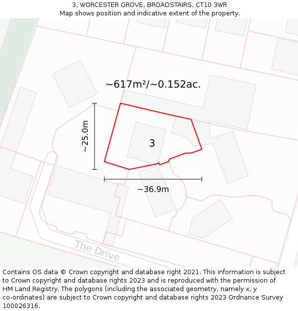 3, WORCESTER GROVE, BROADSTAIRS, CT10 3WR: Plot and title map