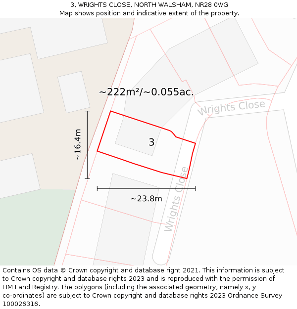 3, WRIGHTS CLOSE, NORTH WALSHAM, NR28 0WG: Plot and title map