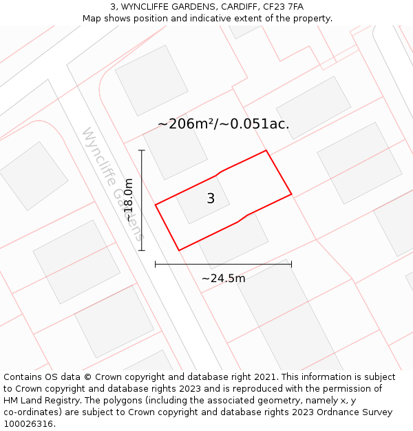 3, WYNCLIFFE GARDENS, CARDIFF, CF23 7FA: Plot and title map