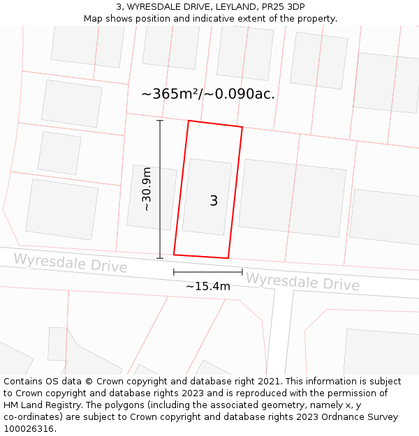 3, WYRESDALE DRIVE, LEYLAND, PR25 3DP: Plot and title map