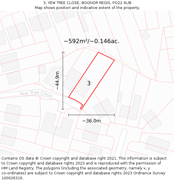 3, YEW TREE CLOSE, BOGNOR REGIS, PO22 9UB: Plot and title map