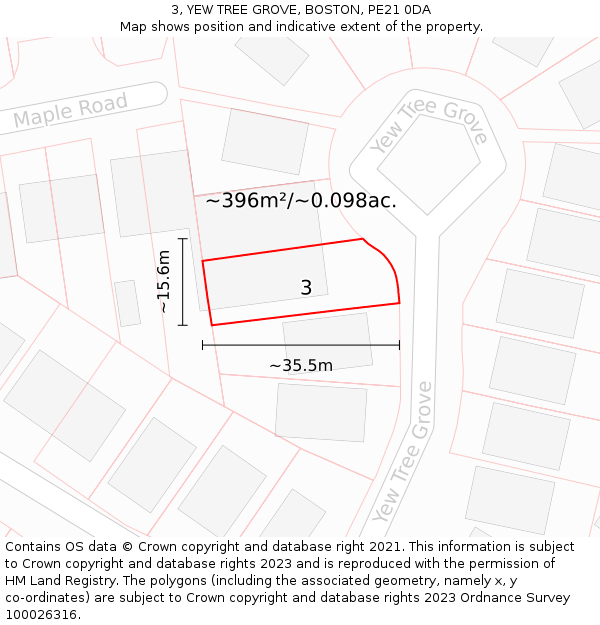 3, YEW TREE GROVE, BOSTON, PE21 0DA: Plot and title map