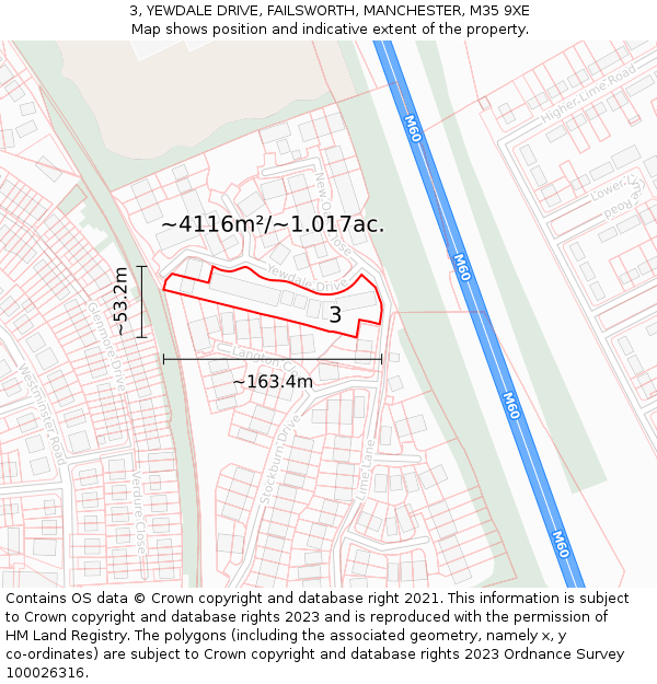 3, YEWDALE DRIVE, FAILSWORTH, MANCHESTER, M35 9XE: Plot and title map