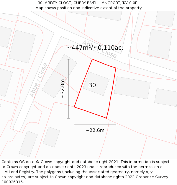 30, ABBEY CLOSE, CURRY RIVEL, LANGPORT, TA10 0EL: Plot and title map