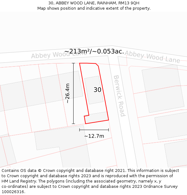 30, ABBEY WOOD LANE, RAINHAM, RM13 9QH: Plot and title map