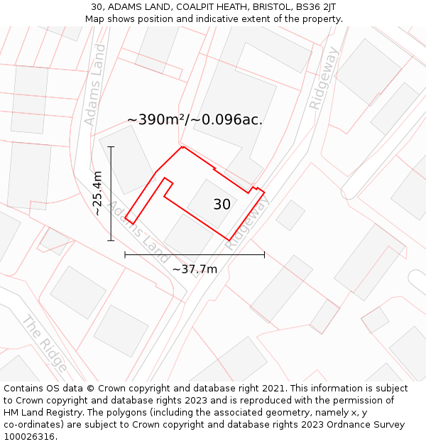 30, ADAMS LAND, COALPIT HEATH, BRISTOL, BS36 2JT: Plot and title map