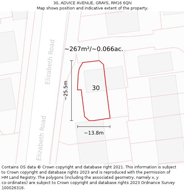 30, ADVICE AVENUE, GRAYS, RM16 6QN: Plot and title map