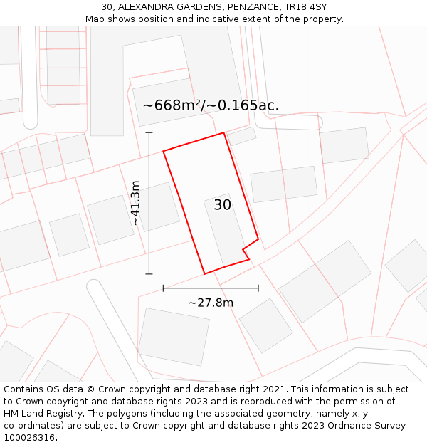 30, ALEXANDRA GARDENS, PENZANCE, TR18 4SY: Plot and title map