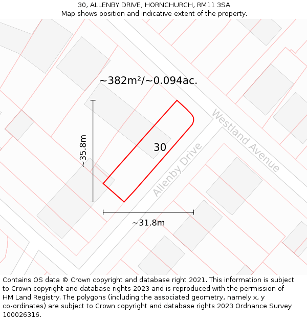 30, ALLENBY DRIVE, HORNCHURCH, RM11 3SA: Plot and title map