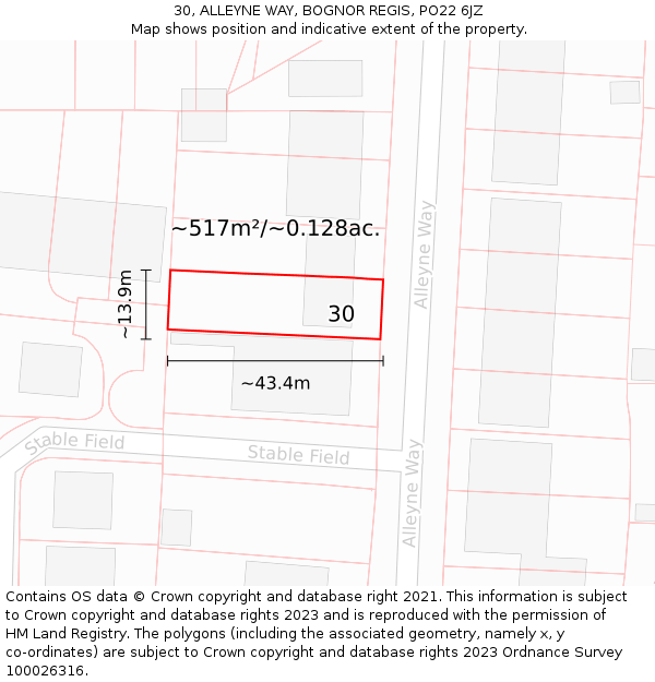 30, ALLEYNE WAY, BOGNOR REGIS, PO22 6JZ: Plot and title map