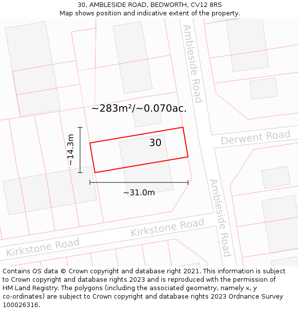 30, AMBLESIDE ROAD, BEDWORTH, CV12 8RS: Plot and title map