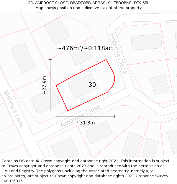 30, AMBROSE CLOSE, BRADFORD ABBAS, SHERBORNE, DT9 6RL: Plot and title map