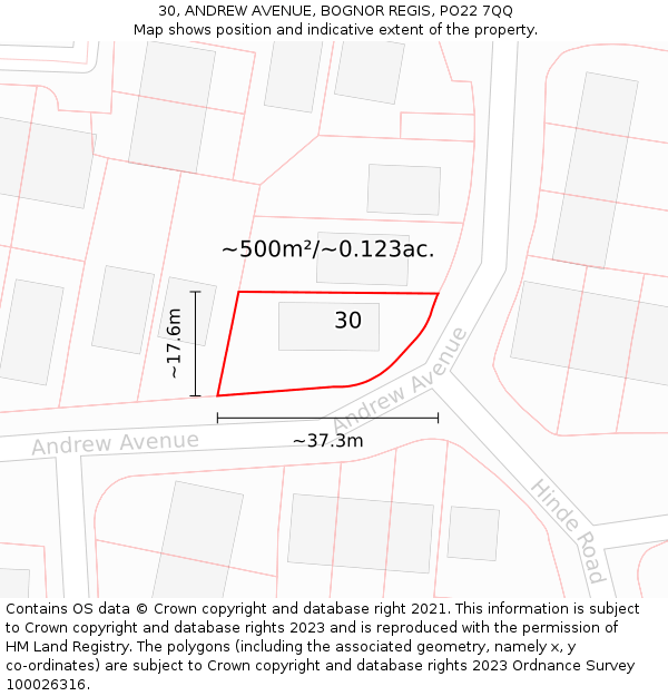 30, ANDREW AVENUE, BOGNOR REGIS, PO22 7QQ: Plot and title map