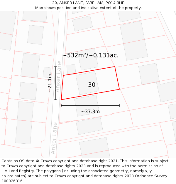 30, ANKER LANE, FAREHAM, PO14 3HE: Plot and title map