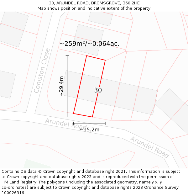 30, ARUNDEL ROAD, BROMSGROVE, B60 2HE: Plot and title map