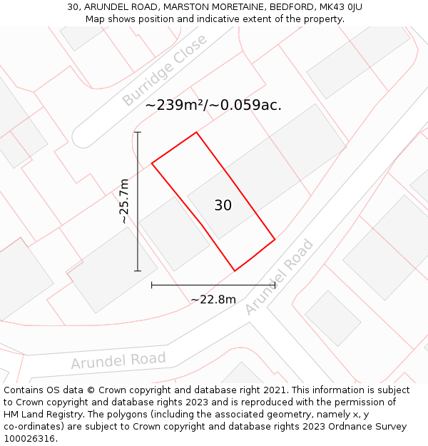 30, ARUNDEL ROAD, MARSTON MORETAINE, BEDFORD, MK43 0JU: Plot and title map