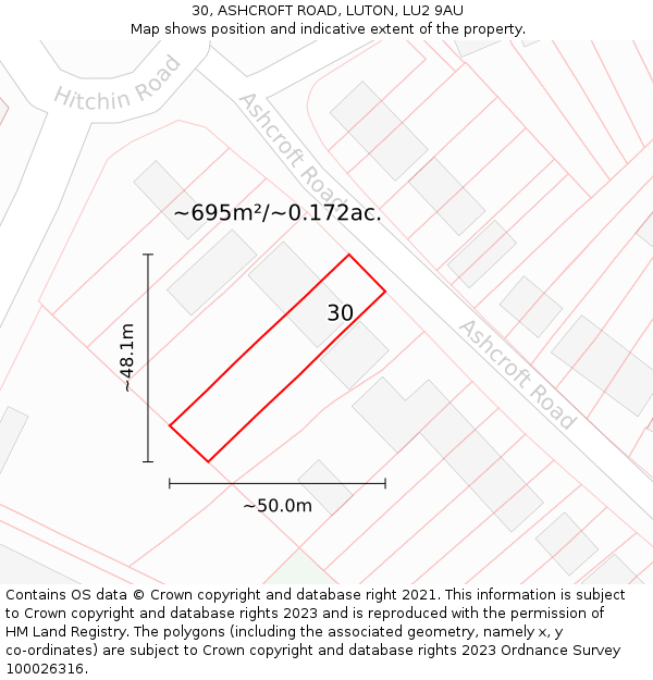 30, ASHCROFT ROAD, LUTON, LU2 9AU: Plot and title map