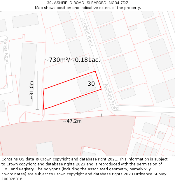 30, ASHFIELD ROAD, SLEAFORD, NG34 7DZ: Plot and title map