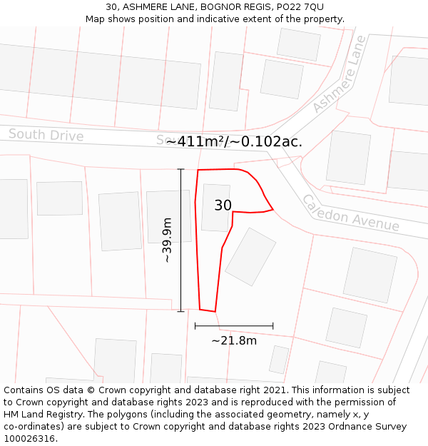 30, ASHMERE LANE, BOGNOR REGIS, PO22 7QU: Plot and title map