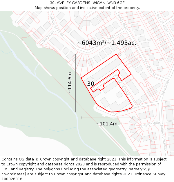 30, AVELEY GARDENS, WIGAN, WN3 6GE: Plot and title map