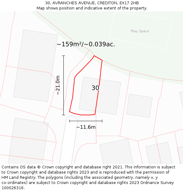 30, AVRANCHES AVENUE, CREDITON, EX17 2HB: Plot and title map