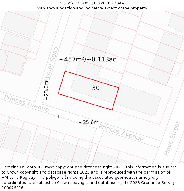 30, AYMER ROAD, HOVE, BN3 4GA: Plot and title map