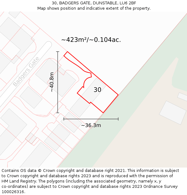 30, BADGERS GATE, DUNSTABLE, LU6 2BF: Plot and title map
