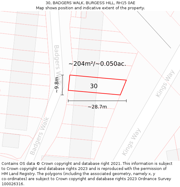 30, BADGERS WALK, BURGESS HILL, RH15 0AE: Plot and title map