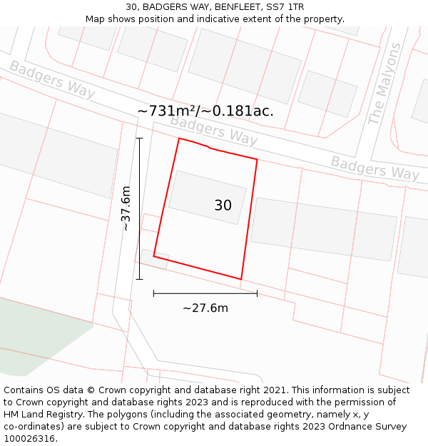 30, BADGERS WAY, BENFLEET, SS7 1TR: Plot and title map