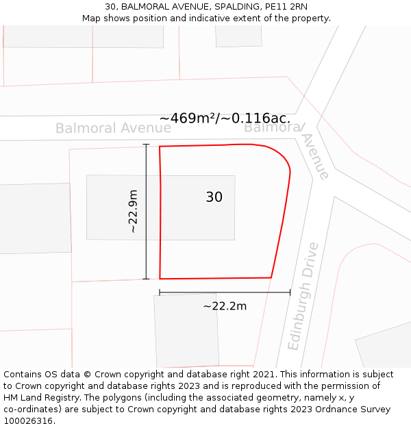 30, BALMORAL AVENUE, SPALDING, PE11 2RN: Plot and title map