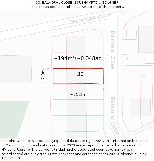 30, BALMORAL CLOSE, SOUTHAMPTON, SO16 8ER: Plot and title map