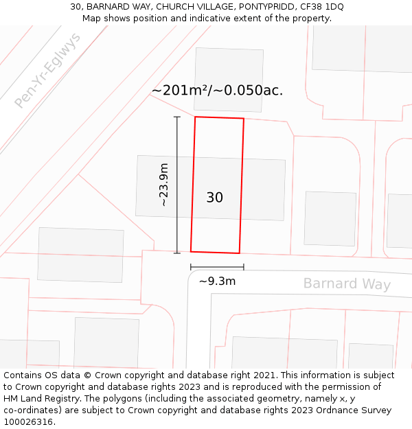 30, BARNARD WAY, CHURCH VILLAGE, PONTYPRIDD, CF38 1DQ: Plot and title map