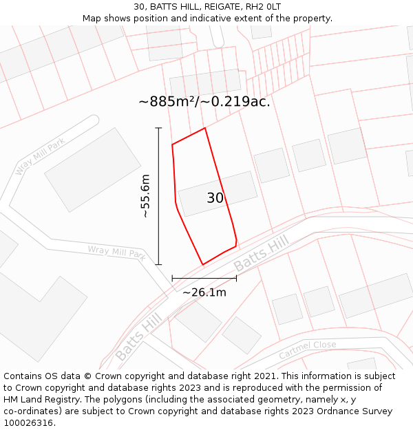 30, BATTS HILL, REIGATE, RH2 0LT: Plot and title map