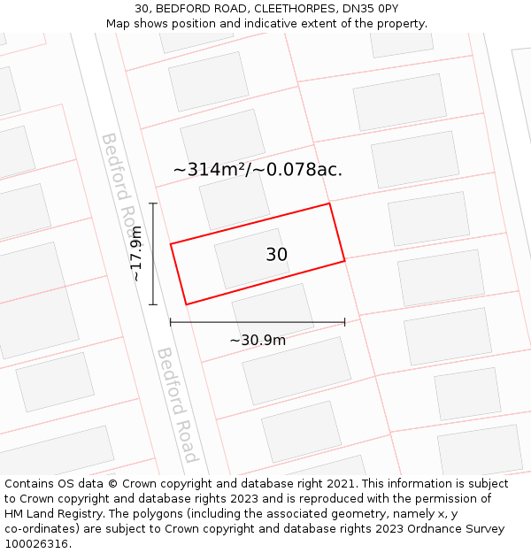 30, BEDFORD ROAD, CLEETHORPES, DN35 0PY: Plot and title map