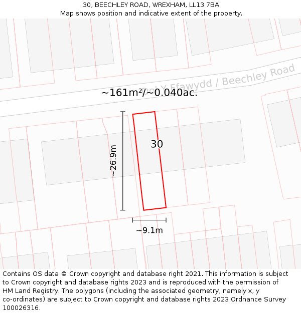 30, BEECHLEY ROAD, WREXHAM, LL13 7BA: Plot and title map