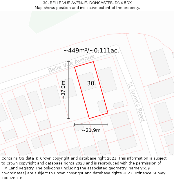 30, BELLE VUE AVENUE, DONCASTER, DN4 5DX: Plot and title map