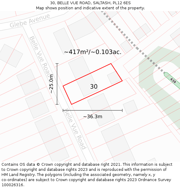 30, BELLE VUE ROAD, SALTASH, PL12 6ES: Plot and title map