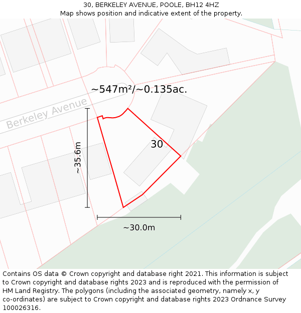30, BERKELEY AVENUE, POOLE, BH12 4HZ: Plot and title map