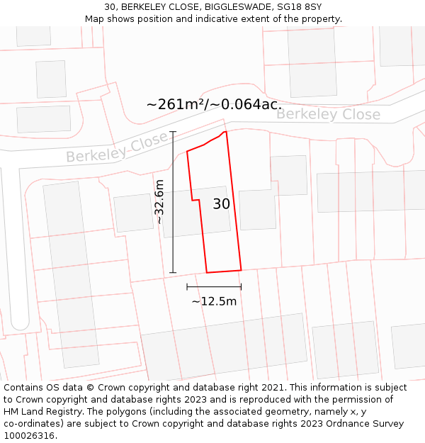 30, BERKELEY CLOSE, BIGGLESWADE, SG18 8SY: Plot and title map